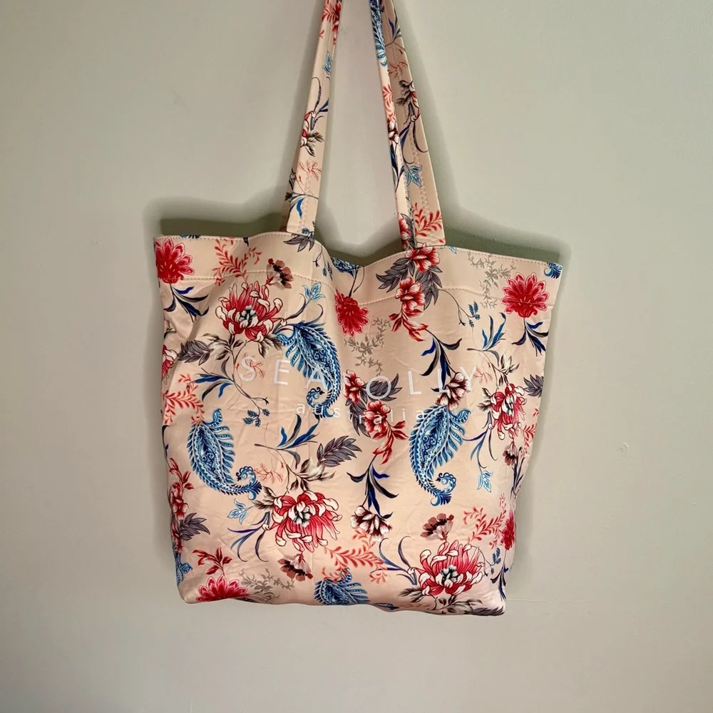 Seafolly Australia Women’s Large Pink Tote Bag Blue Red Floral Pattern butter